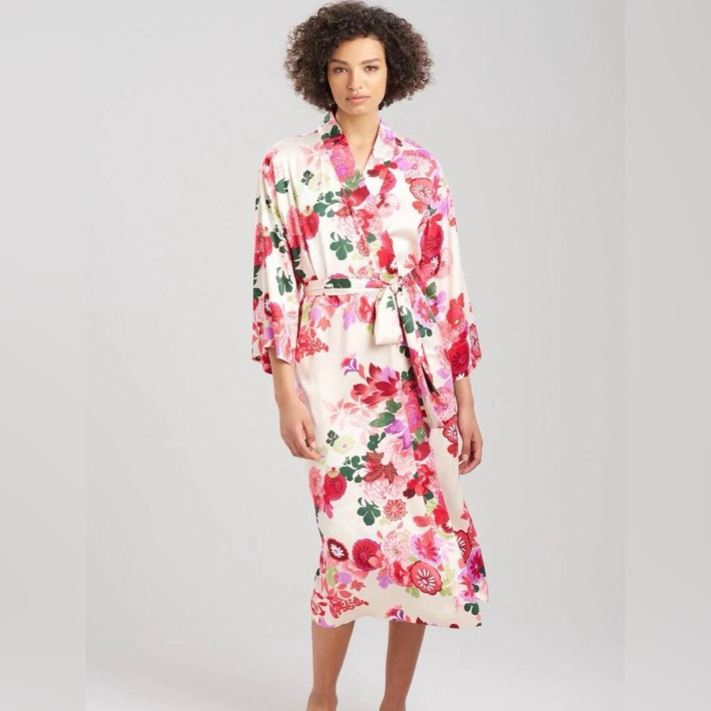 NWOT Natori Floral Satin‎ Robe Small Silky Comfort Lounge Intimates Sleepwear